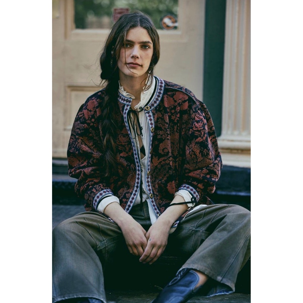 Free People Drifter Sweatshirt Contrast Trim Button Up Jacket Bleached Combo